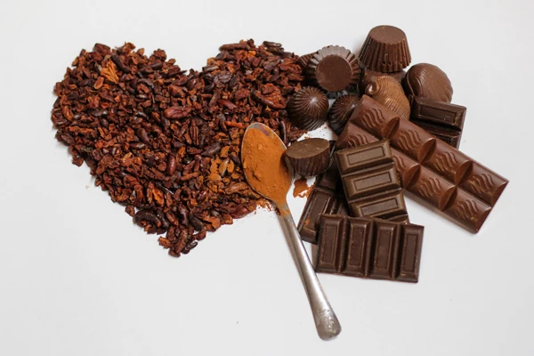 Cacao nibs arranged with finished chocolates