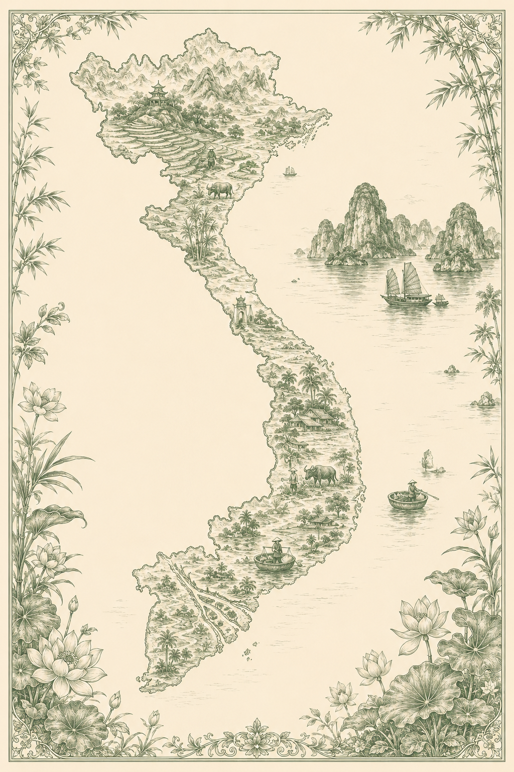 Illustrated toile map of Vietnam in D'art green, bordered with bamboo, lotus and Ha Long junks. Decorative; the sourcing provinces are named on the Our Journey page.